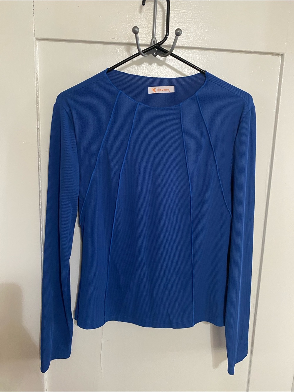 Eileen Fisher Blue Long-Sleeve Paneled Rib Knit Tee